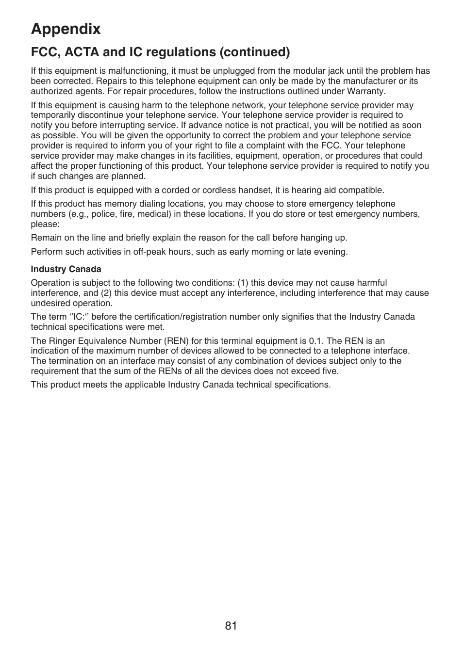 Appendix, Fcc, acta and ic regulations (continued) | VTech DECT 6.0 LS6375-3 User Manual | Page 85 / 89