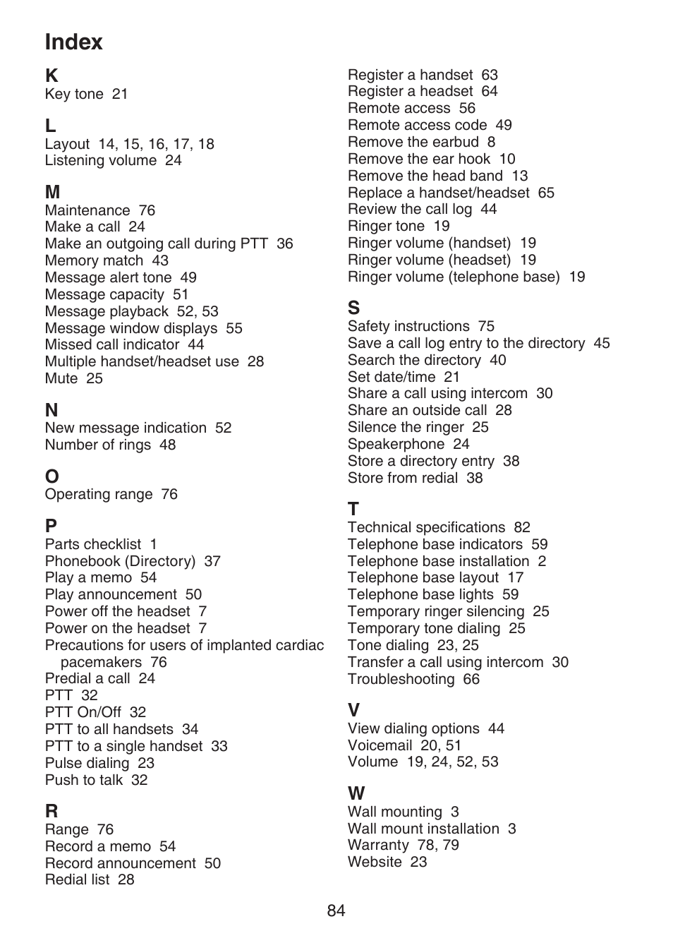 Index | VTech DECT 6.0 LS6375-3 User Manual | Page 88 / 89