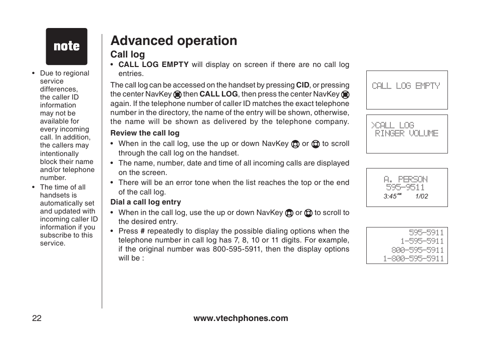Advanced operation, Call log | VTech I6778 User Manual | Page 25 / 60