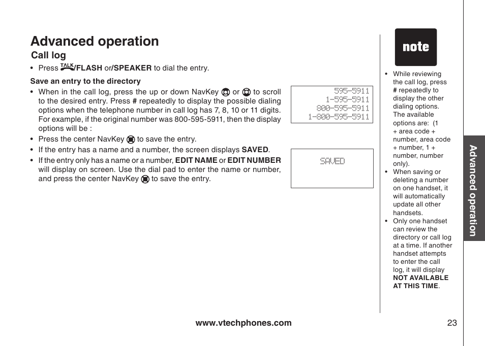 Advanced operation, Call log | VTech I6778 User Manual | Page 26 / 60