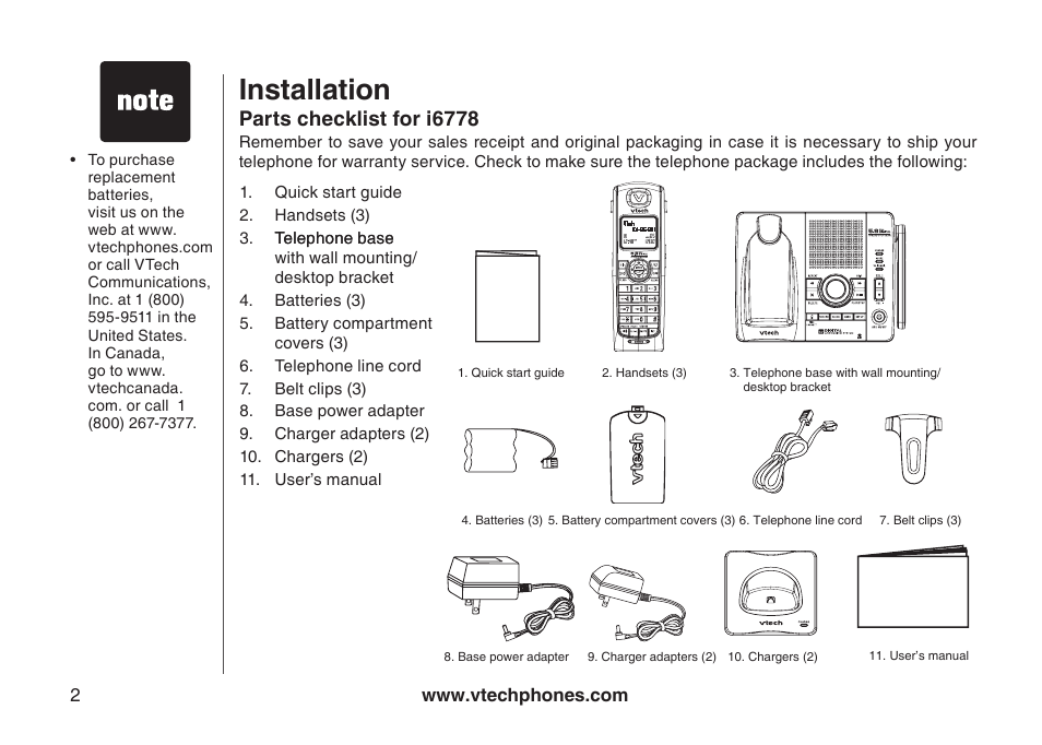 Installation, Parts checklist for i6778 | VTech I6778 User Manual | Page 5 / 60