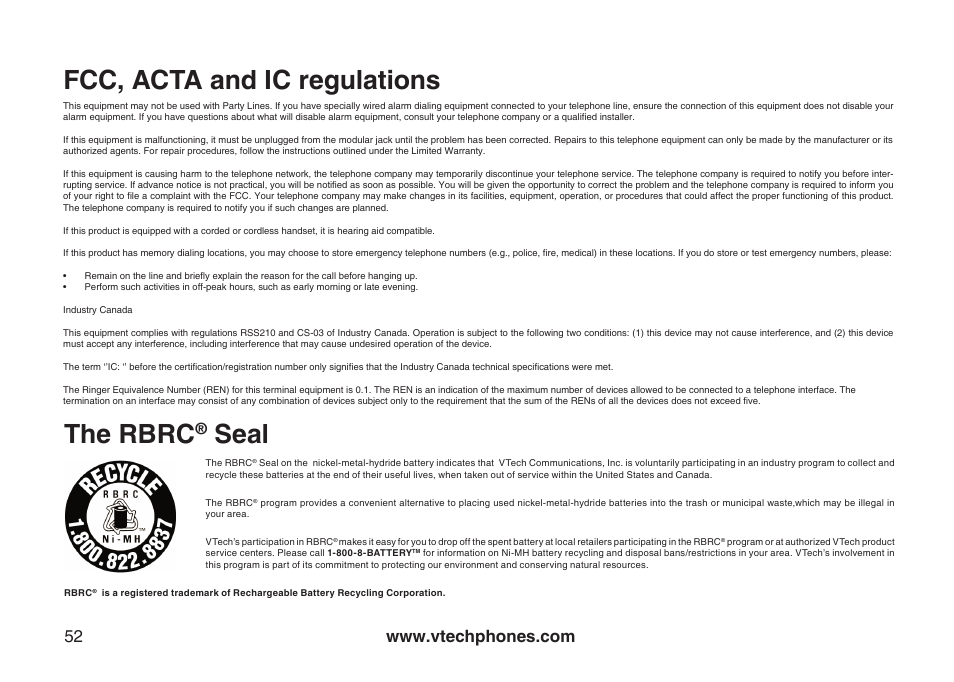 Fcc, acta and ic regulations, The rbrc, Seal | VTech I6778 User Manual | Page 55 / 60