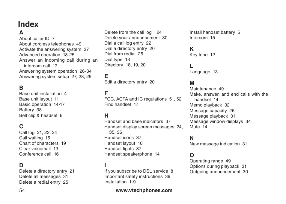 Index | VTech I6778 User Manual | Page 57 / 60