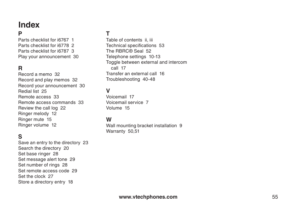 Index | VTech I6778 User Manual | Page 58 / 60