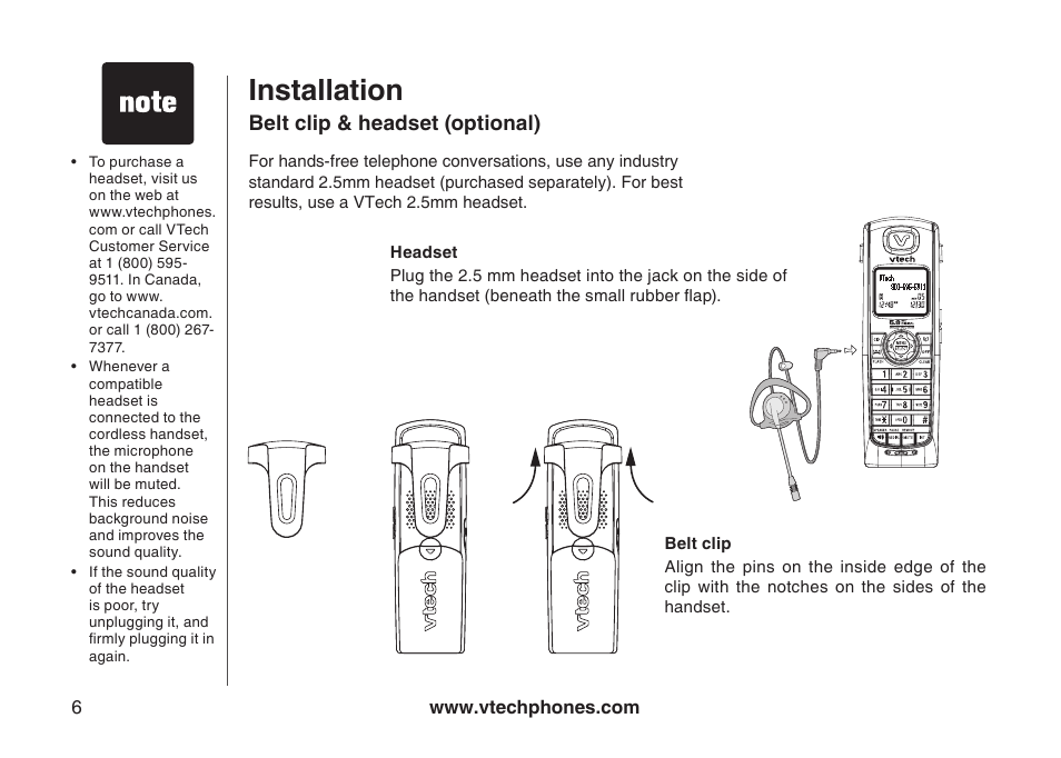 Installation, Belt clip & headset (optional) | VTech I6778 User Manual | Page 9 / 60