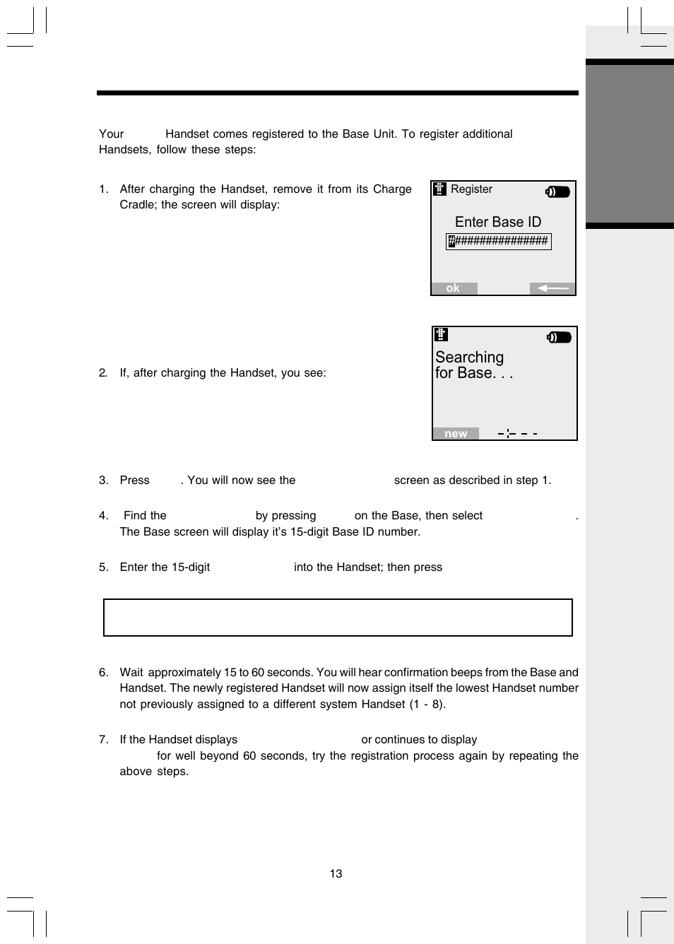 Installation and registration of accessory handset, Getting s tarted, Searching for base | VTech i 5803 User Manual | Page 13 / 56