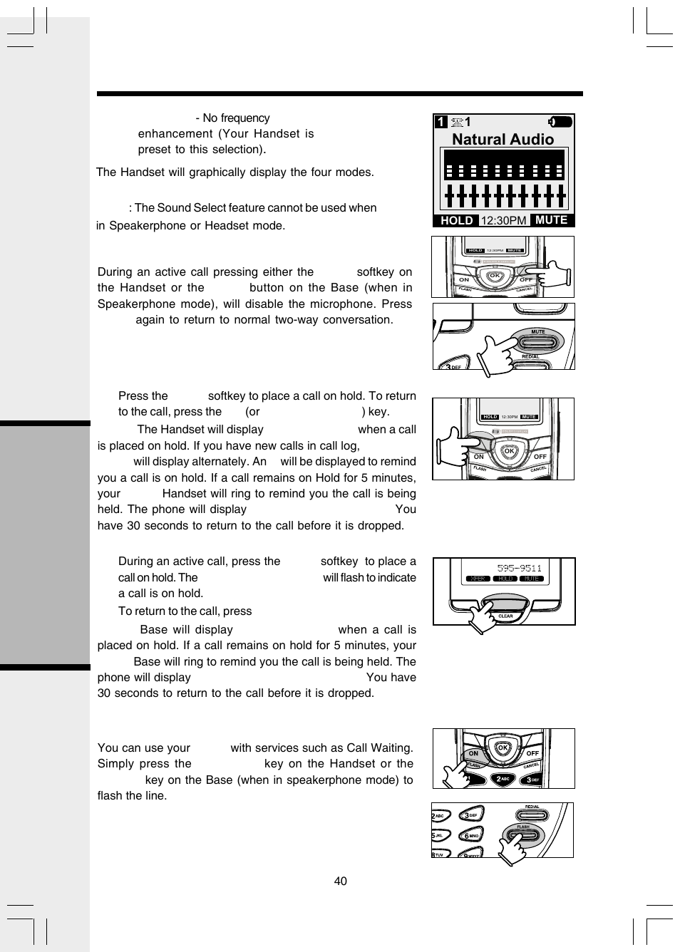 Handset and base operation, Advanced operations, Natural audio | Mute function, Hold function, Flash function | VTech i 5803 User Manual | Page 40 / 56