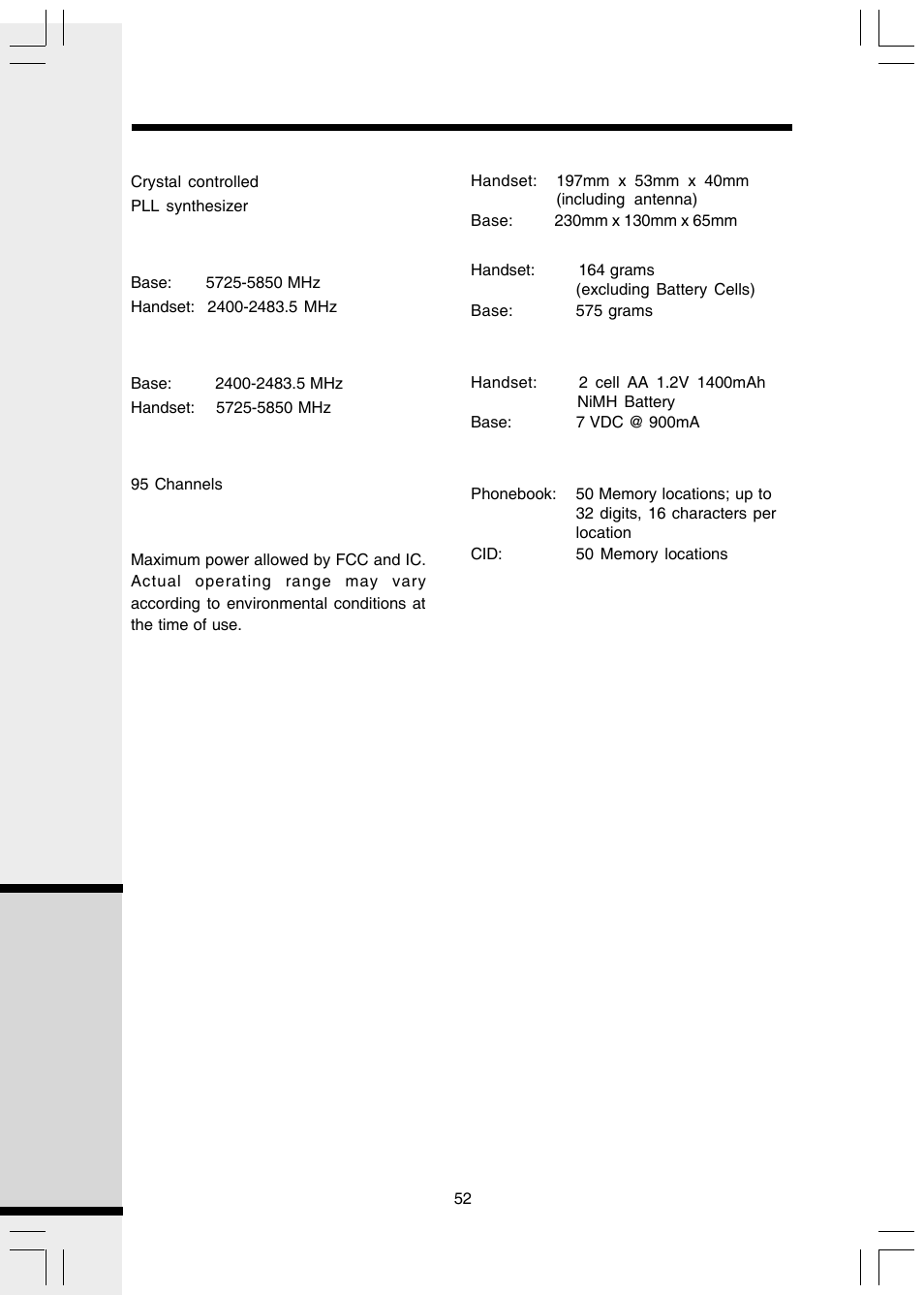 Technical specifications, Additional information | VTech i 5803 User Manual | Page 52 / 56