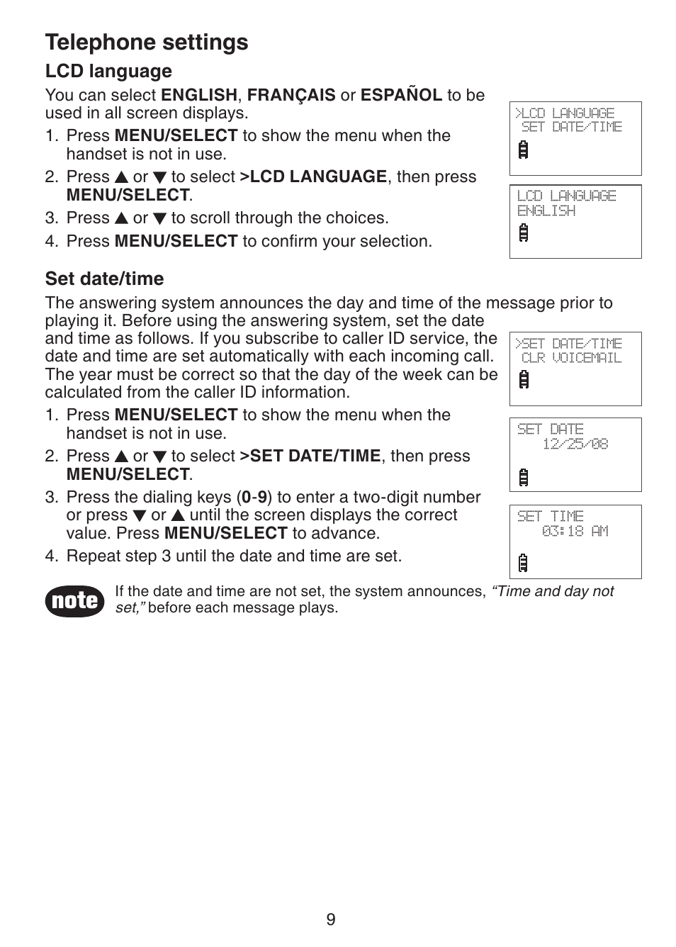 Telephone settings, Lcd language, Set date/time | VTech CS6228-3 User Manual | Page 13 / 62