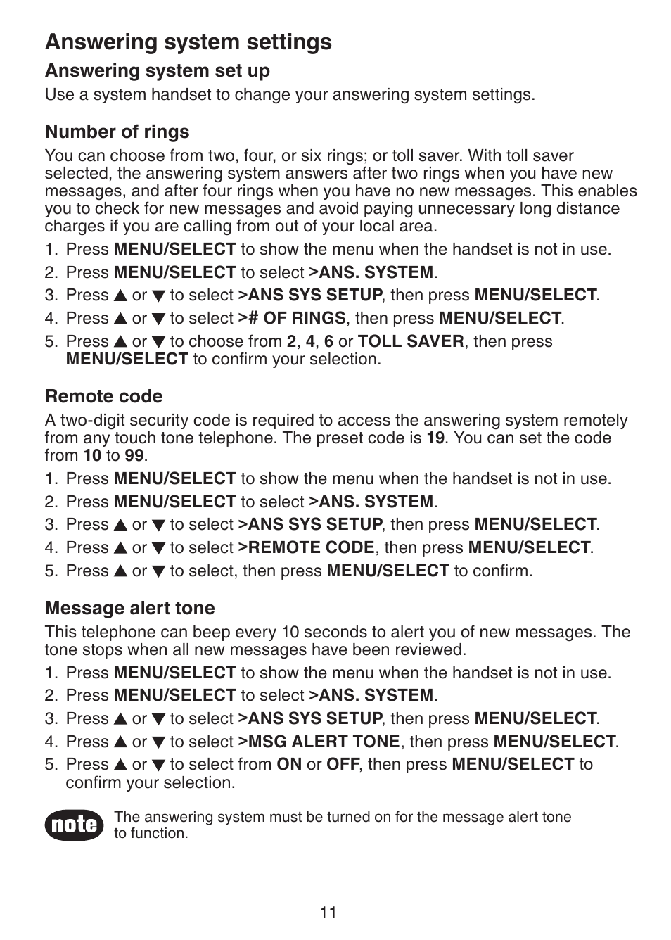 Answering system settings | VTech CS6228-3 User Manual | Page 15 / 62