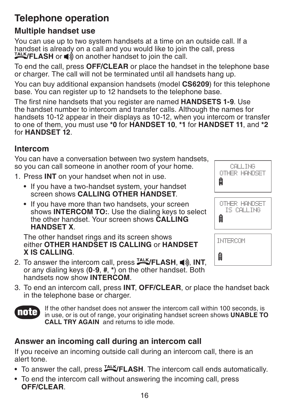 Telephone operation, Multiple handset use, Intercom | Answer an incoming call during an intercom call | VTech CS6228-3 User Manual | Page 20 / 62