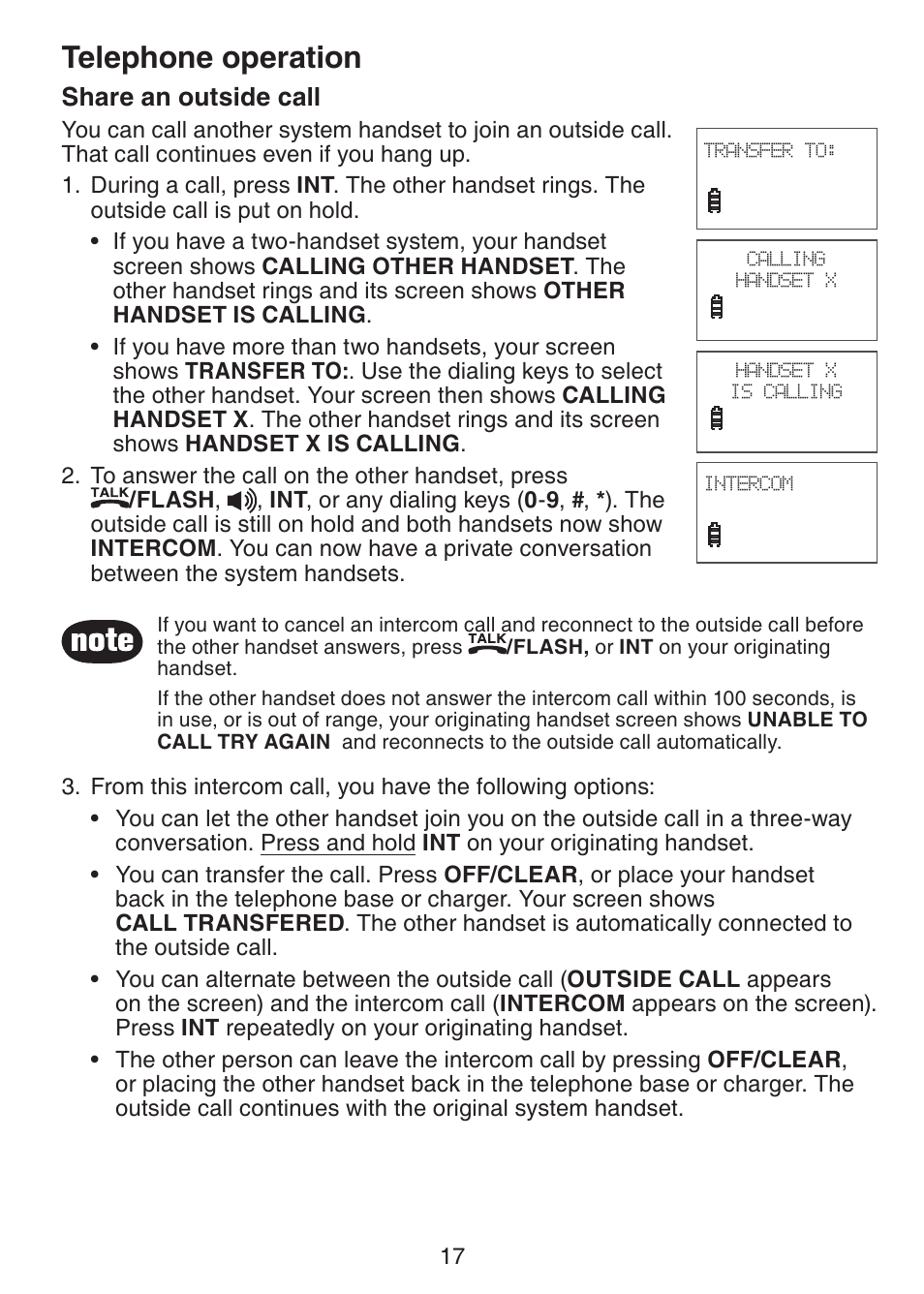 Telephone operation, Share an outside call | VTech CS6228-3 User Manual | Page 21 / 62