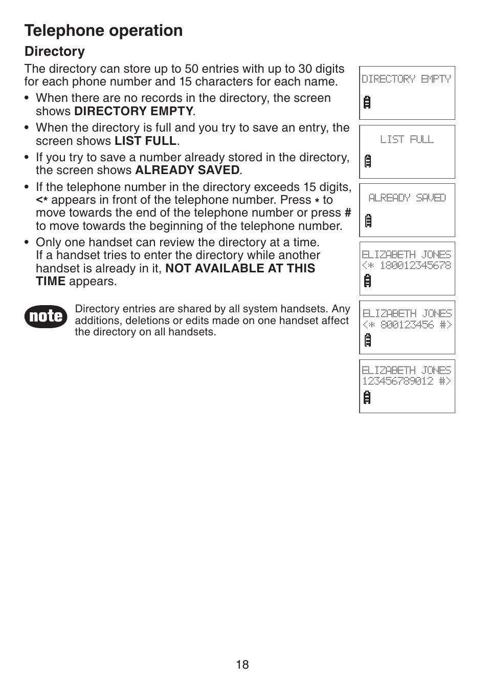 Telephone operation, Directory | VTech CS6228-3 User Manual | Page 22 / 62
