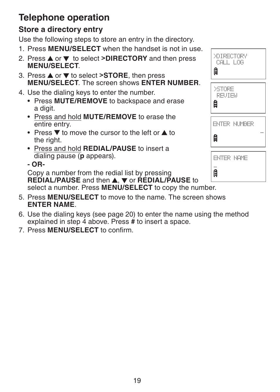 Telephone operation, Store a directory entry | VTech CS6228-3 User Manual | Page 23 / 62