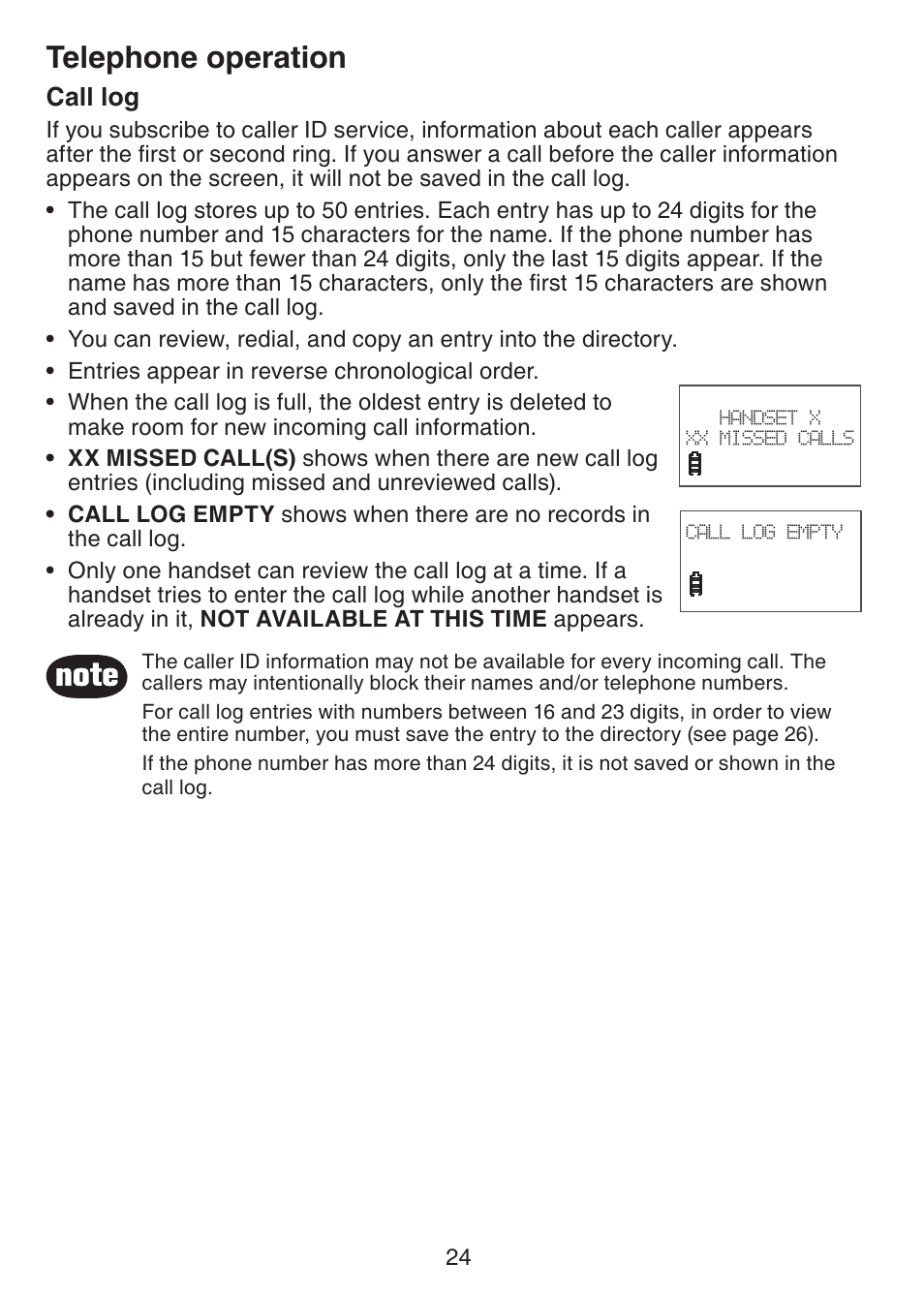 Telephone operation, Call log | VTech CS6228-3 User Manual | Page 28 / 62