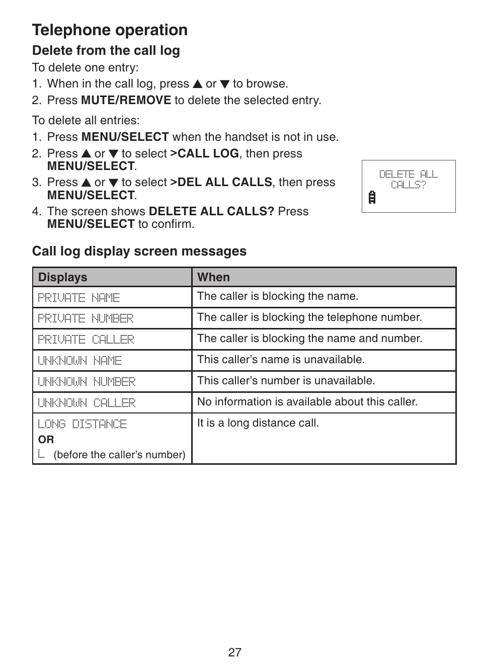 Telephone operation, Delete from the call log, Call log display screen messages | VTech CS6228-3 User Manual | Page 31 / 62