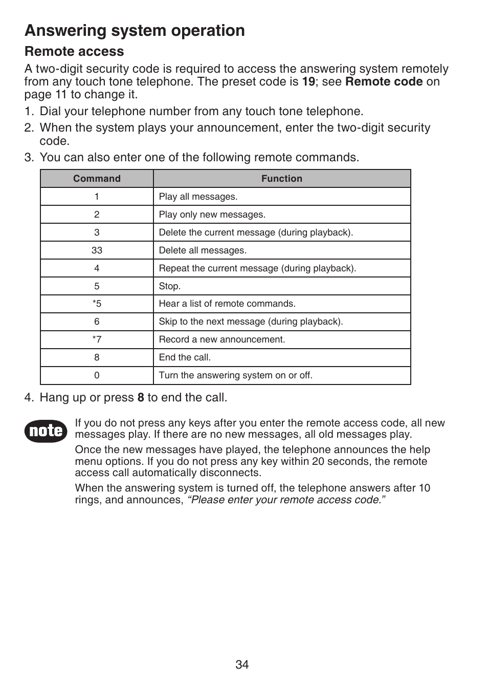 Answering system operation, Remote access | VTech CS6228-3 User Manual | Page 38 / 62
