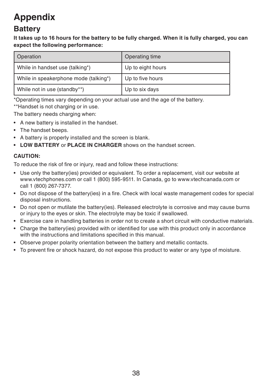 Appendix, Battery | VTech CS6228-3 User Manual | Page 42 / 62