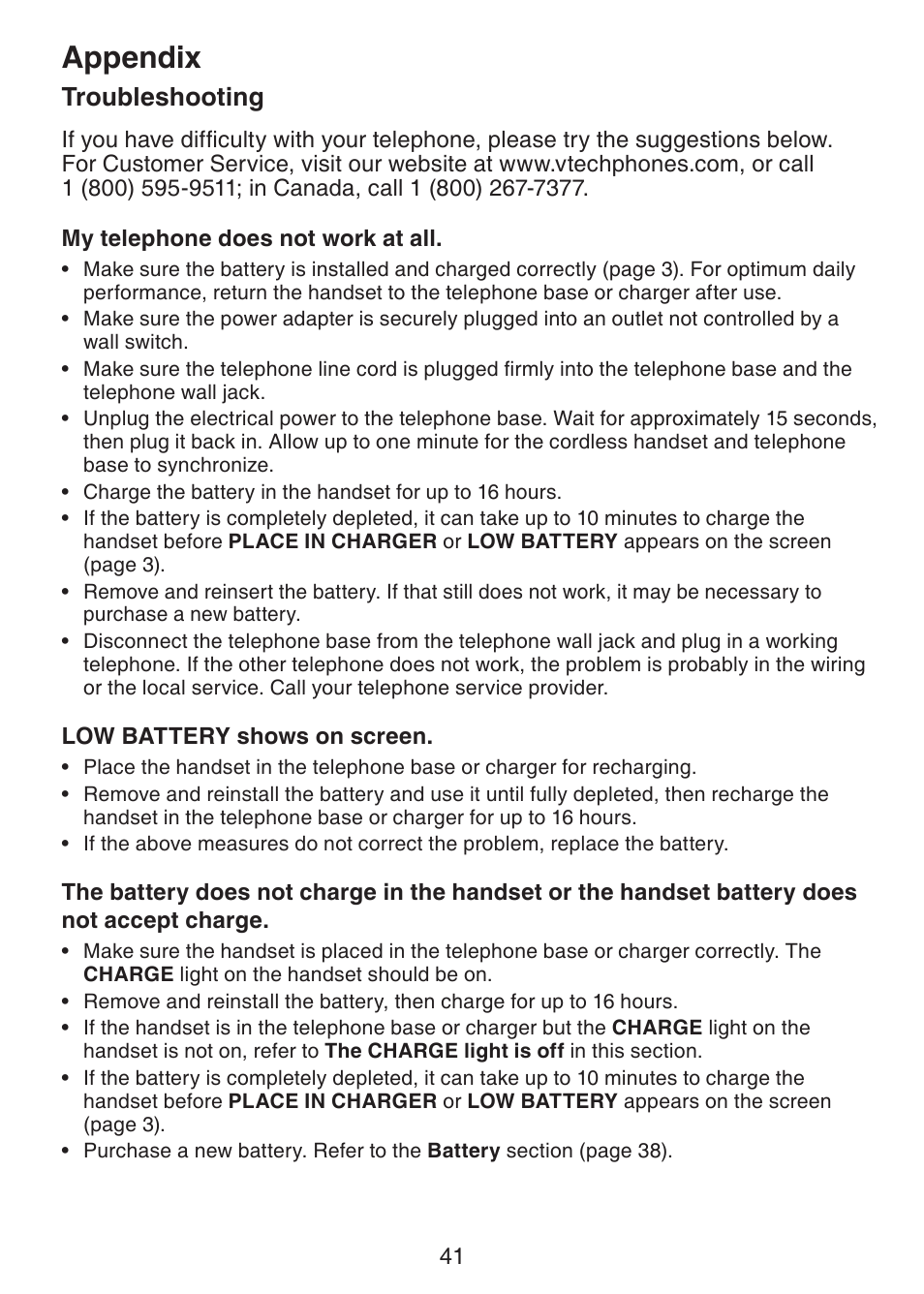 Appendix, Troubleshooting | VTech CS6228-3 User Manual | Page 45 / 62