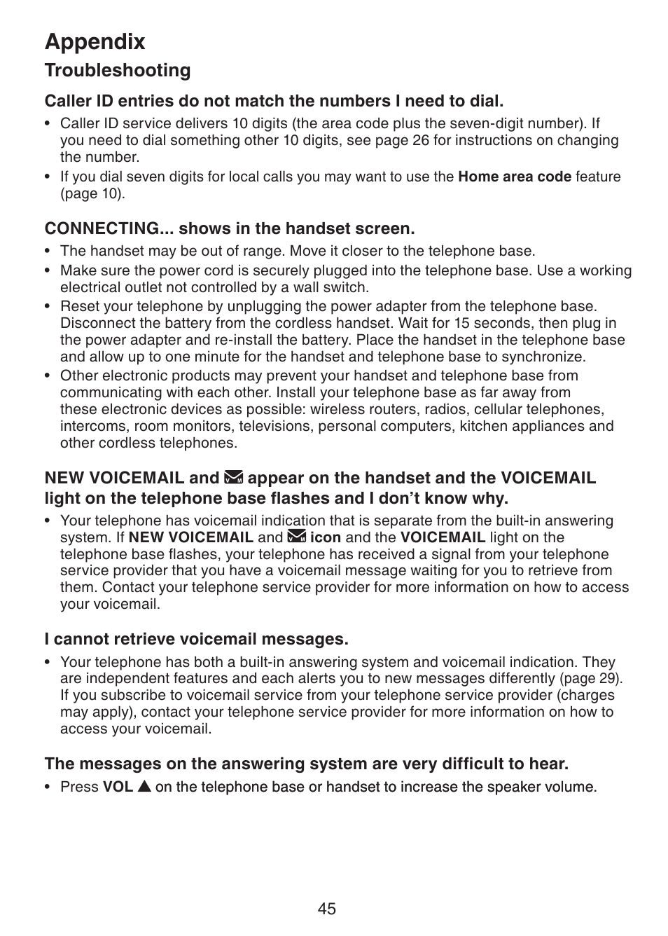 Appendix, Troubleshooting | VTech CS6228-3 User Manual | Page 49 / 62