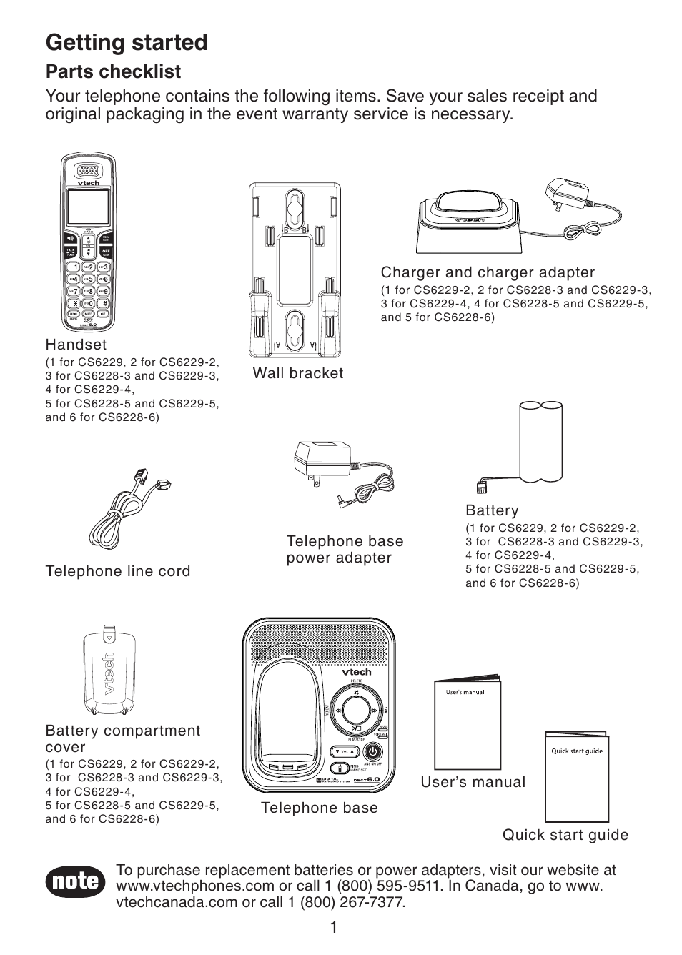 Getting started, Parts checklist | VTech CS6228-3 User Manual | Page 5 / 62