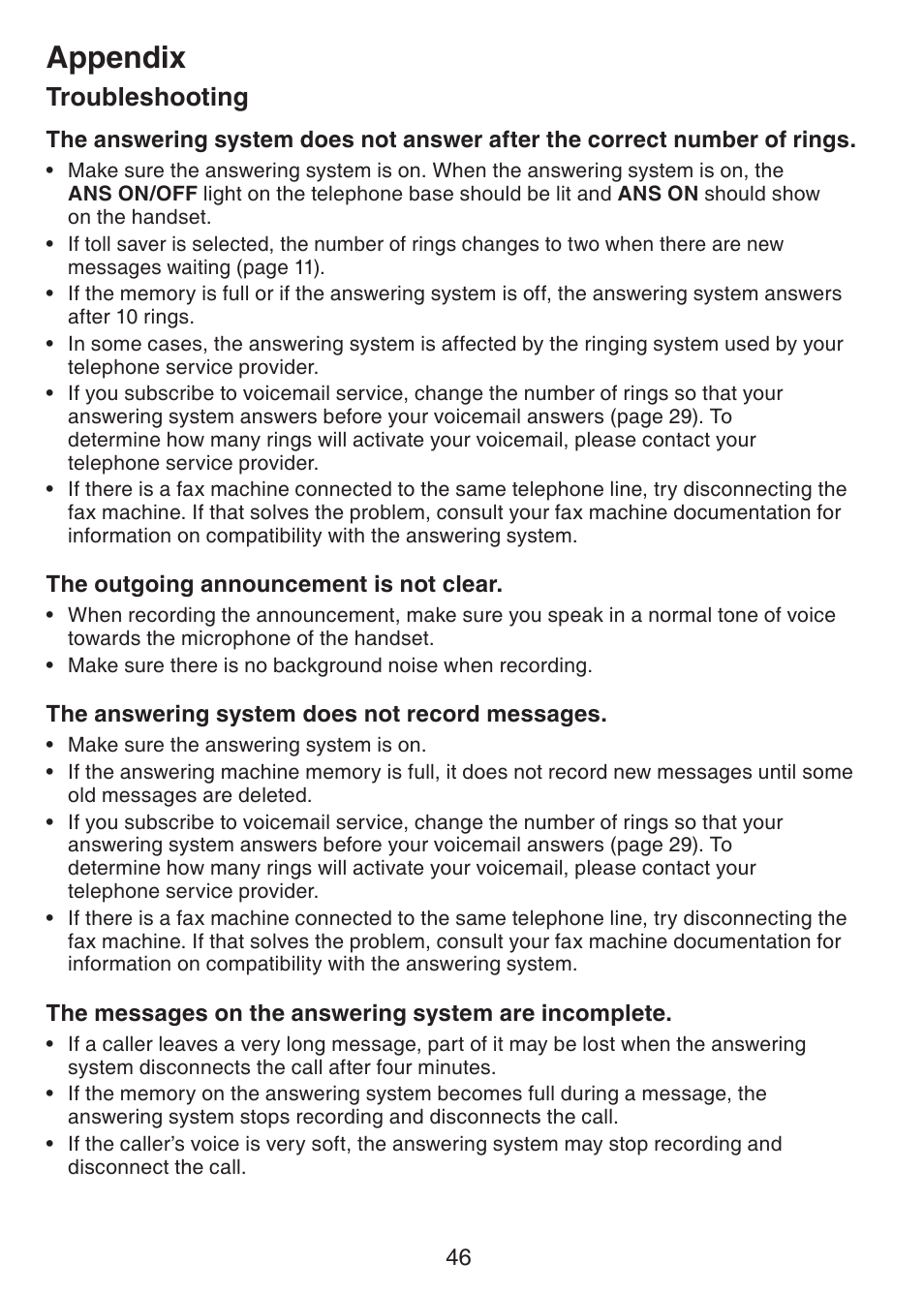 Appendix, Troubleshooting | VTech CS6228-3 User Manual | Page 50 / 62