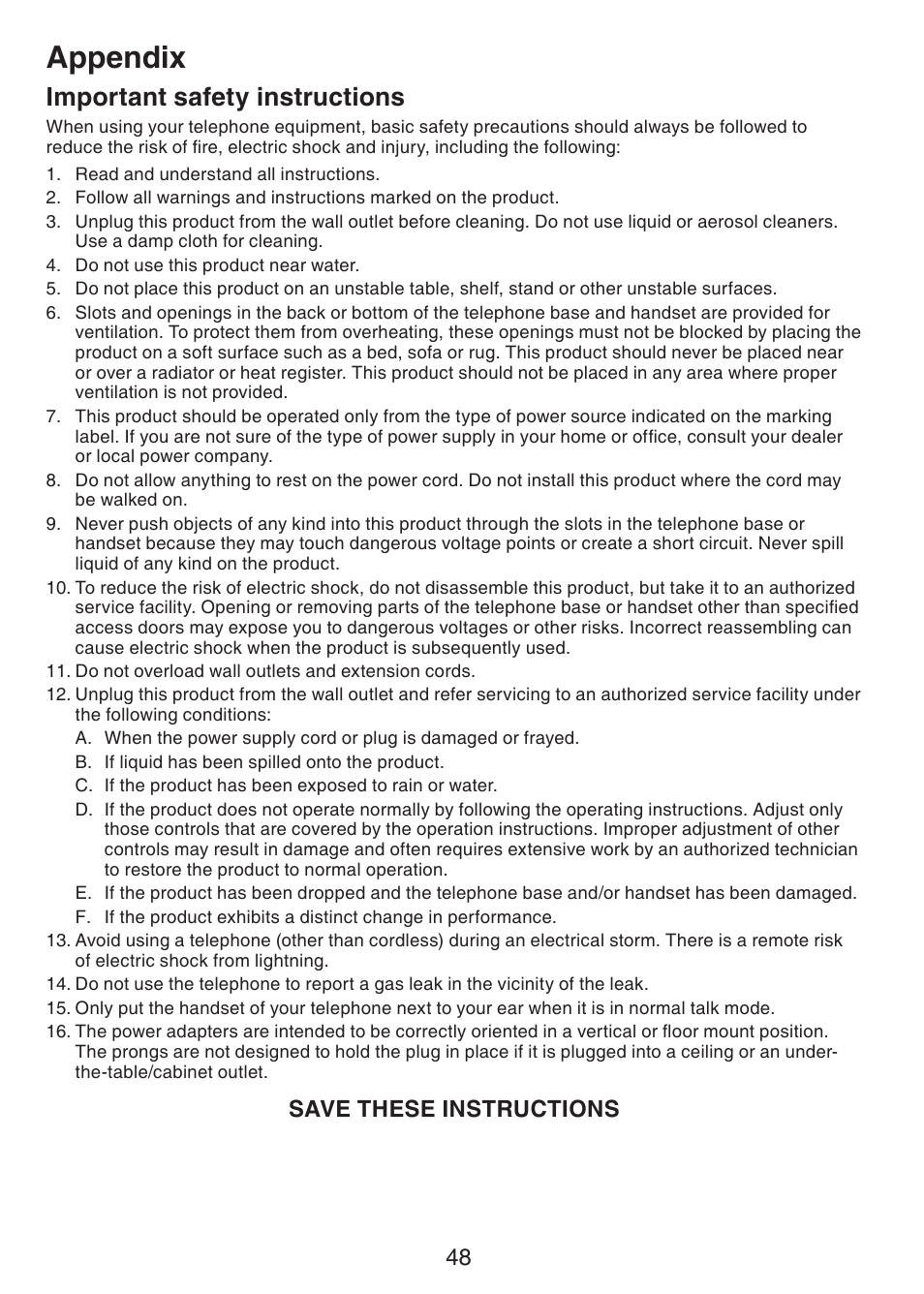 Appendix, Important safety instructions, Save these instructions | VTech CS6228-3 User Manual | Page 52 / 62