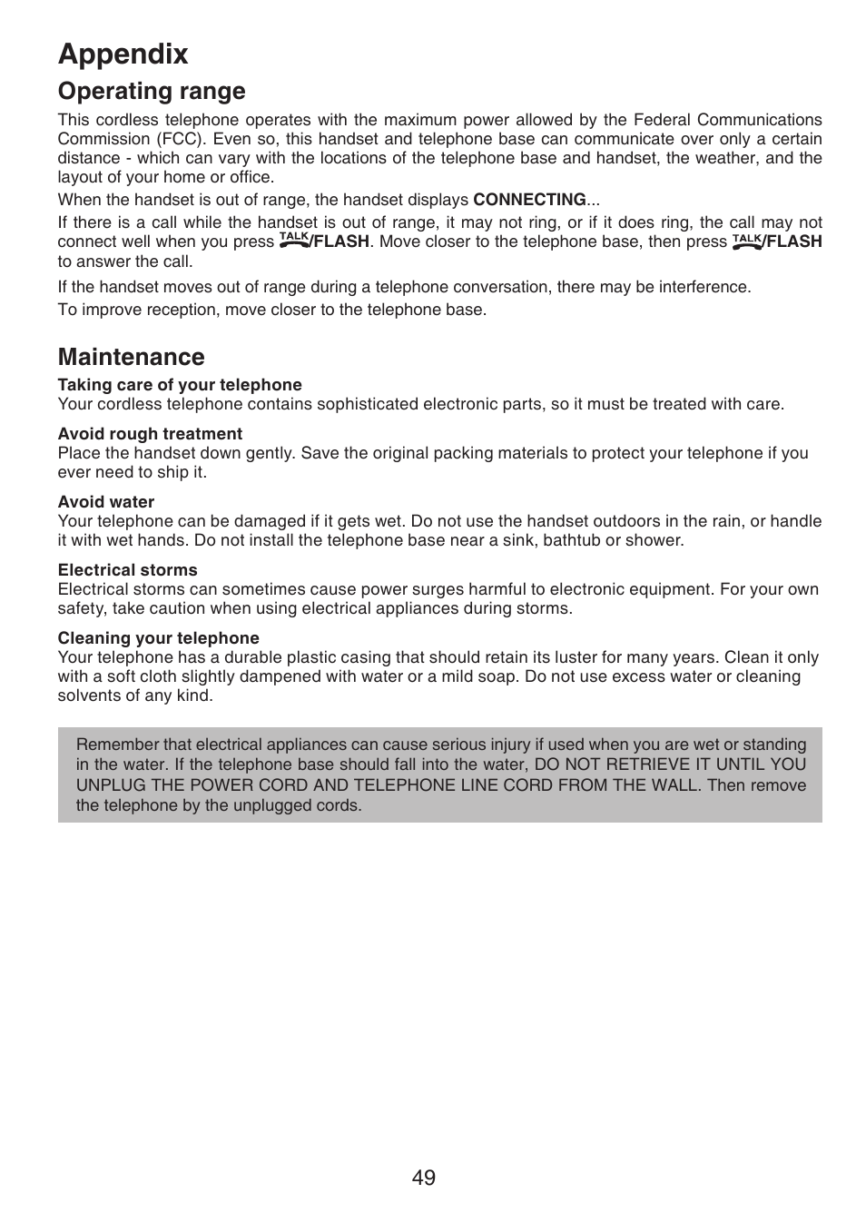 Appendix, Operating range, Maintenance | VTech CS6228-3 User Manual | Page 53 / 62