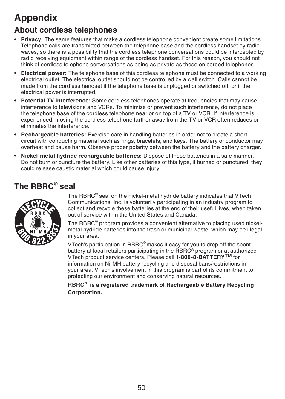 Appendix, About cordless telephones, The rbrc | Seal | VTech CS6228-3 User Manual | Page 54 / 62