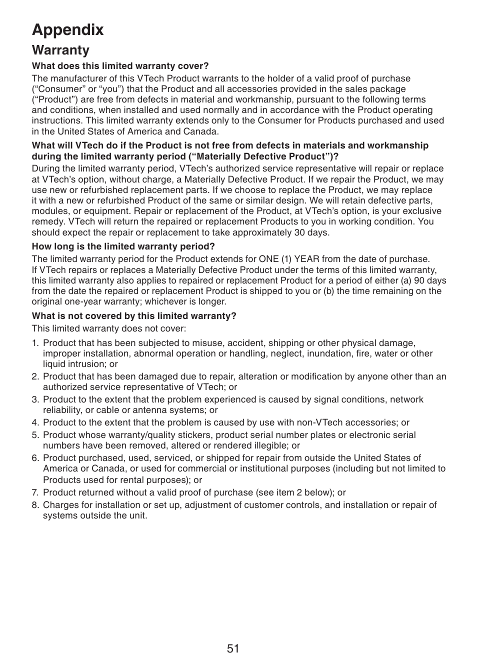 Appendix, Warranty | VTech CS6228-3 User Manual | Page 55 / 62