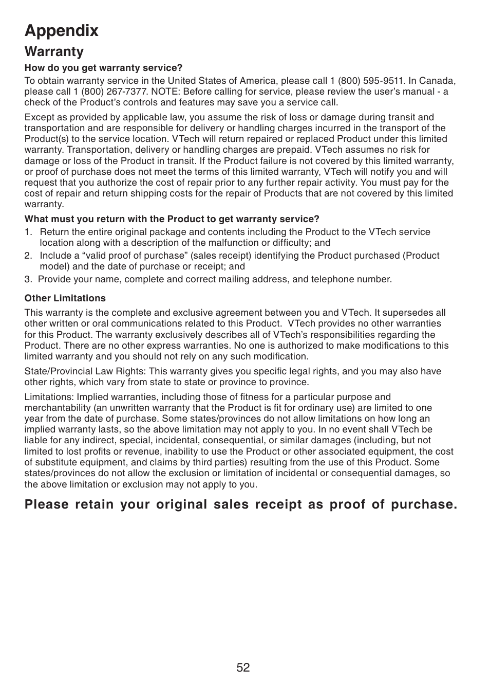 Appendix, Warranty | VTech CS6228-3 User Manual | Page 56 / 62