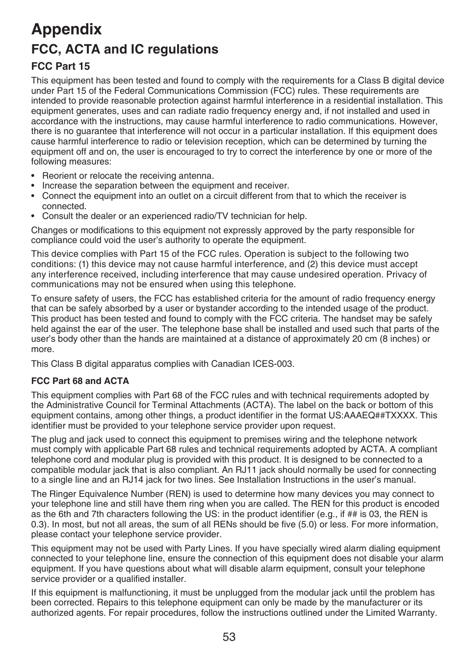 Appendix, Fcc, acta and ic regulations | VTech CS6228-3 User Manual | Page 57 / 62