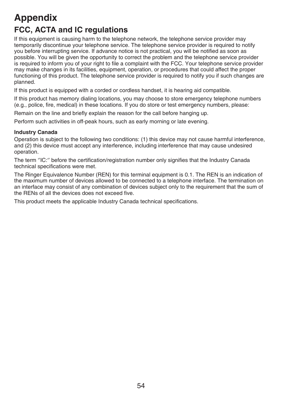 Appendix, Fcc, acta and ic regulations | VTech CS6228-3 User Manual | Page 58 / 62