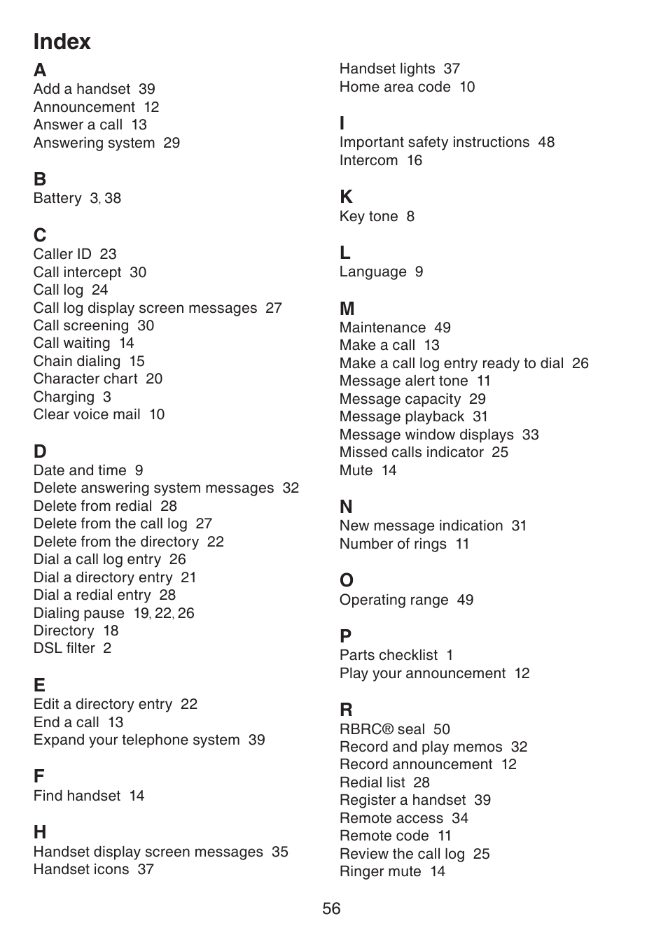 Index | VTech CS6228-3 User Manual | Page 60 / 62