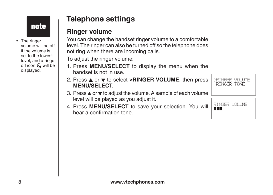 Telephone settings, Ringer volume | VTech LS6117-19 User Manual | Page 12 / 56