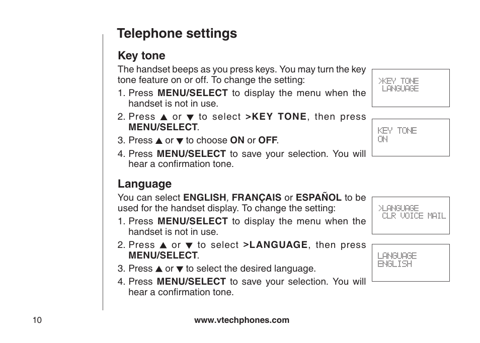 Rnger tone, Telephone settings, Key tone | Language | VTech LS6117-19 User Manual | Page 14 / 56