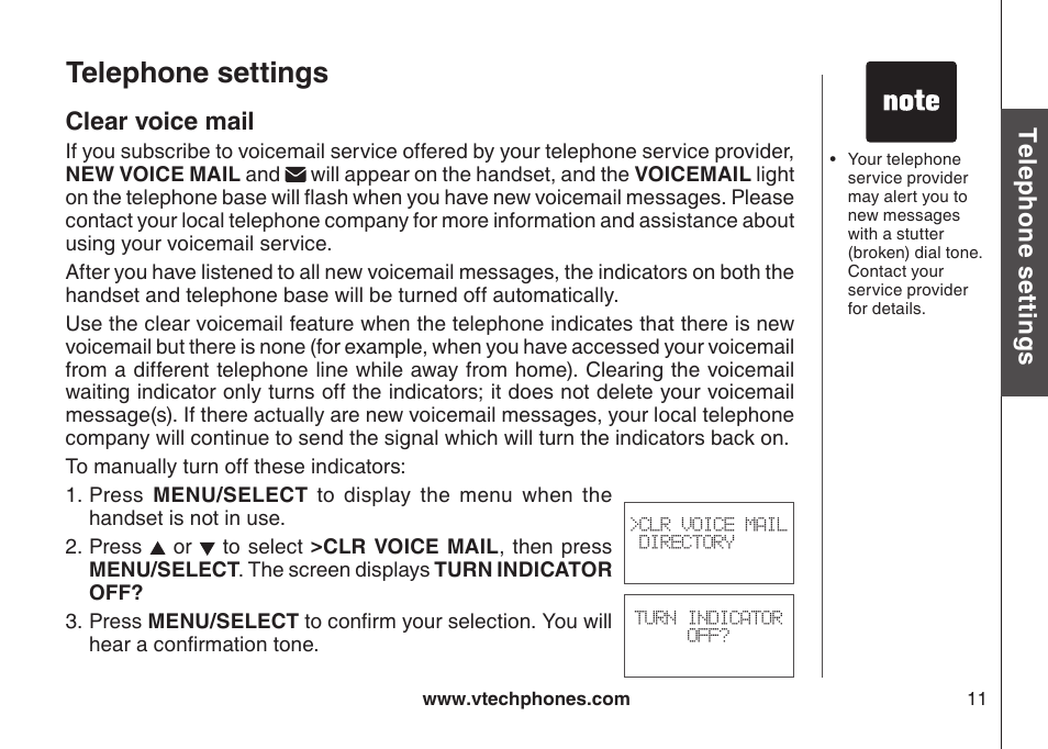 Key tone, Language, Telephone settings | Te le ph on e s ett in gs, Clear voice mail | VTech LS6117-19 User Manual | Page 15 / 56