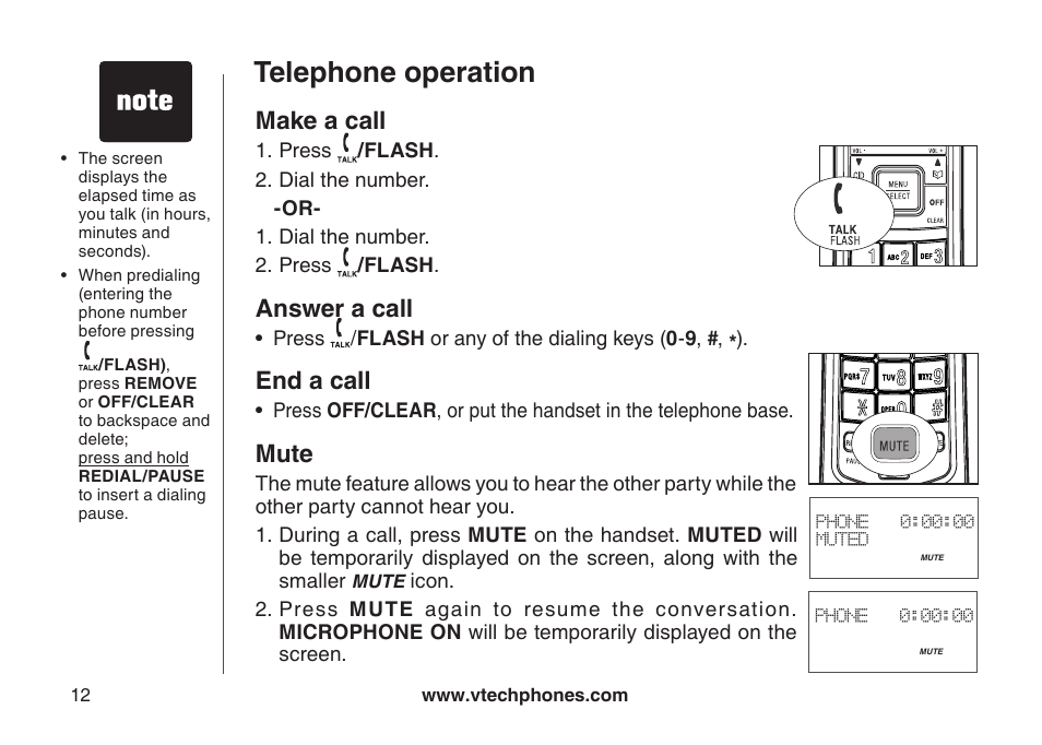 Clear vocemal, Telephone operation, Make a call | Answer a call, End a call, Mute | VTech LS6117-19 User Manual | Page 16 / 56