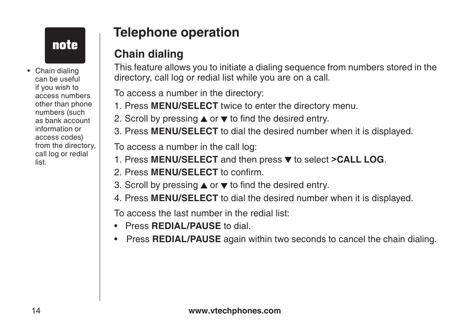 Mute, Telephone operation, Chain dialing | VTech LS6117-19 User Manual | Page 18 / 56