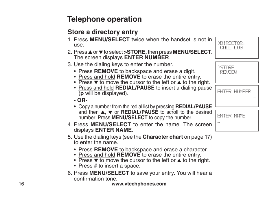 Drectory, Telephone operation, Store a directory entry | VTech LS6117-19 User Manual | Page 20 / 56