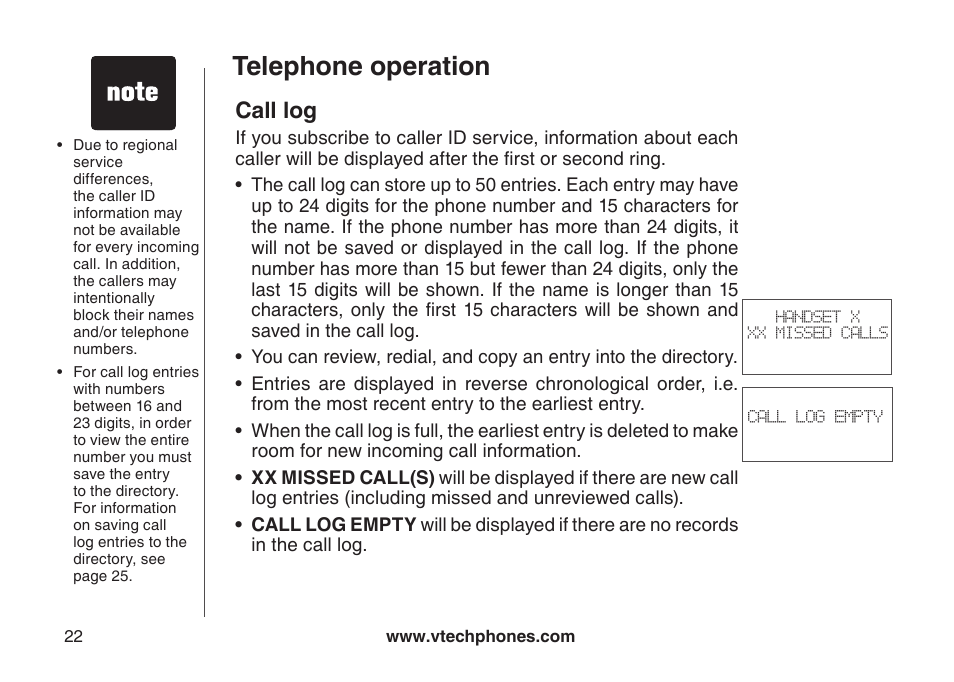 About caller id, Telephone operation, Call log | VTech LS6117-19 User Manual | Page 26 / 56