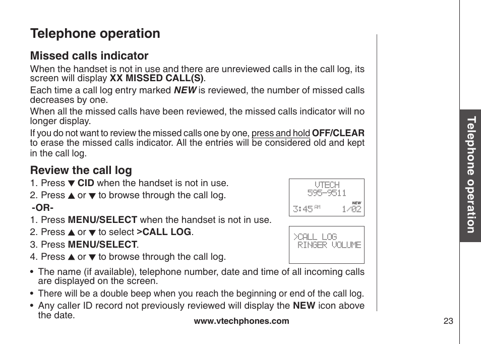 Call log, Telephone operation, Te le ph on e o pe ra tio n | Missed calls indicator, Review the call log | VTech LS6117-19 User Manual | Page 27 / 56