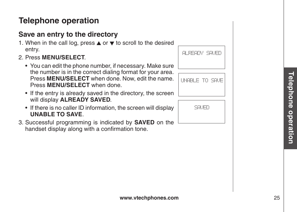 Make a call log entry ready to dal, Dal a call log entry, Telephone operation | VTech LS6117-19 User Manual | Page 29 / 56