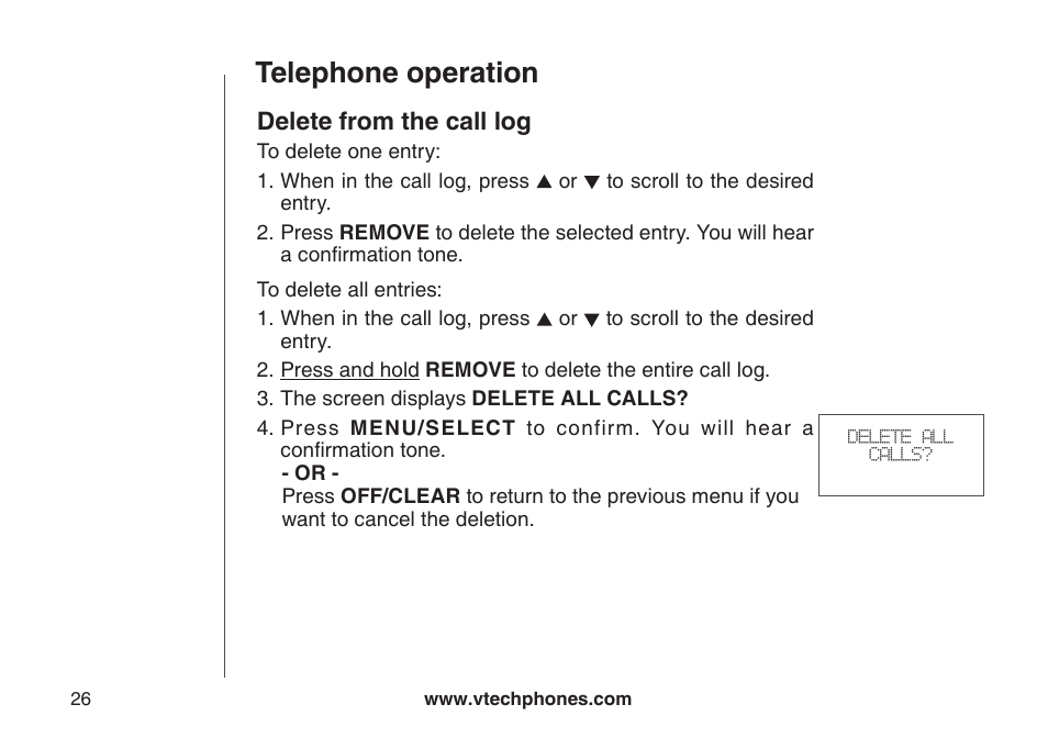 Save an entry to the drectory, Telephone operation, Delete from the call log | VTech LS6117-19 User Manual | Page 30 / 56