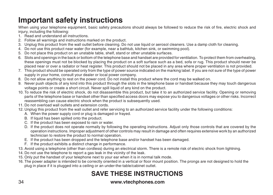 Battery, Important safety instructions, Save these instructions | VTech LS6117-19 User Manual | Page 38 / 56