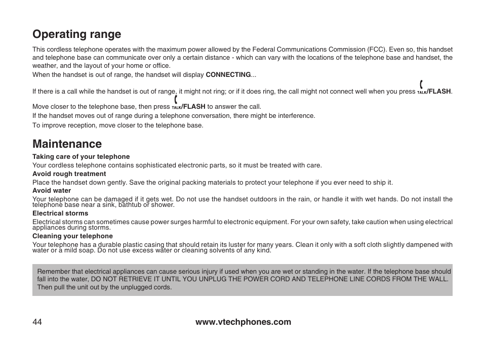 Operating range, Maintenance | VTech LS6117-19 User Manual | Page 48 / 56