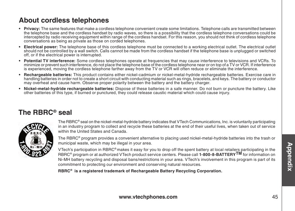 Operatng range mantenance, About cordless telephones, The rbrc | Seal, Appendix | VTech LS6117-19 User Manual | Page 49 / 56