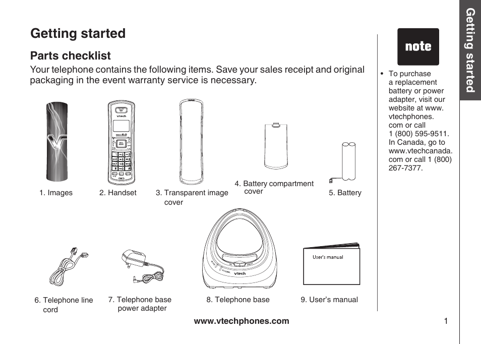 Getting started parts checklst, Getting started, Gett in g s ta rte d | Parts checklist | VTech LS6117-19 User Manual | Page 5 / 56