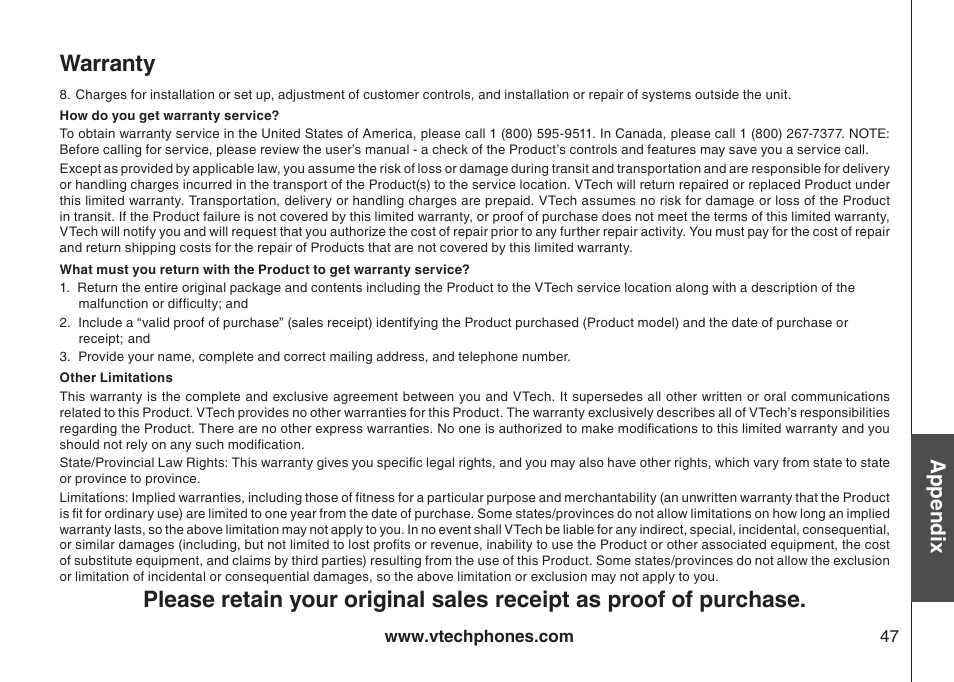 Warranty, Appendix | VTech LS6117-19 User Manual | Page 51 / 56