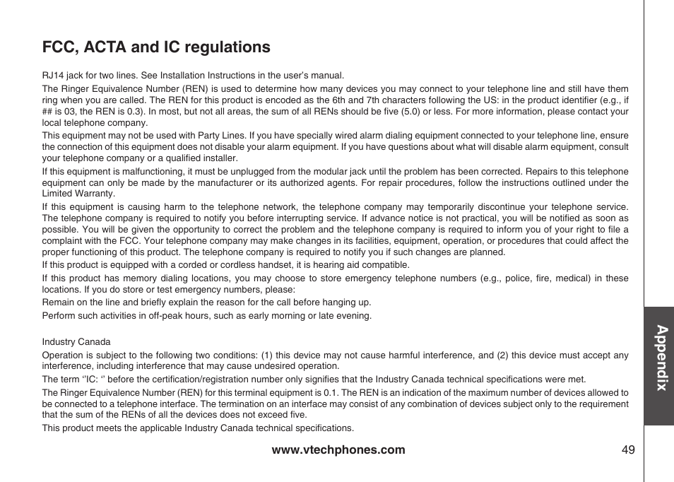 Fcc, acta and ic regulations, Appendix | VTech LS6117-19 User Manual | Page 53 / 56